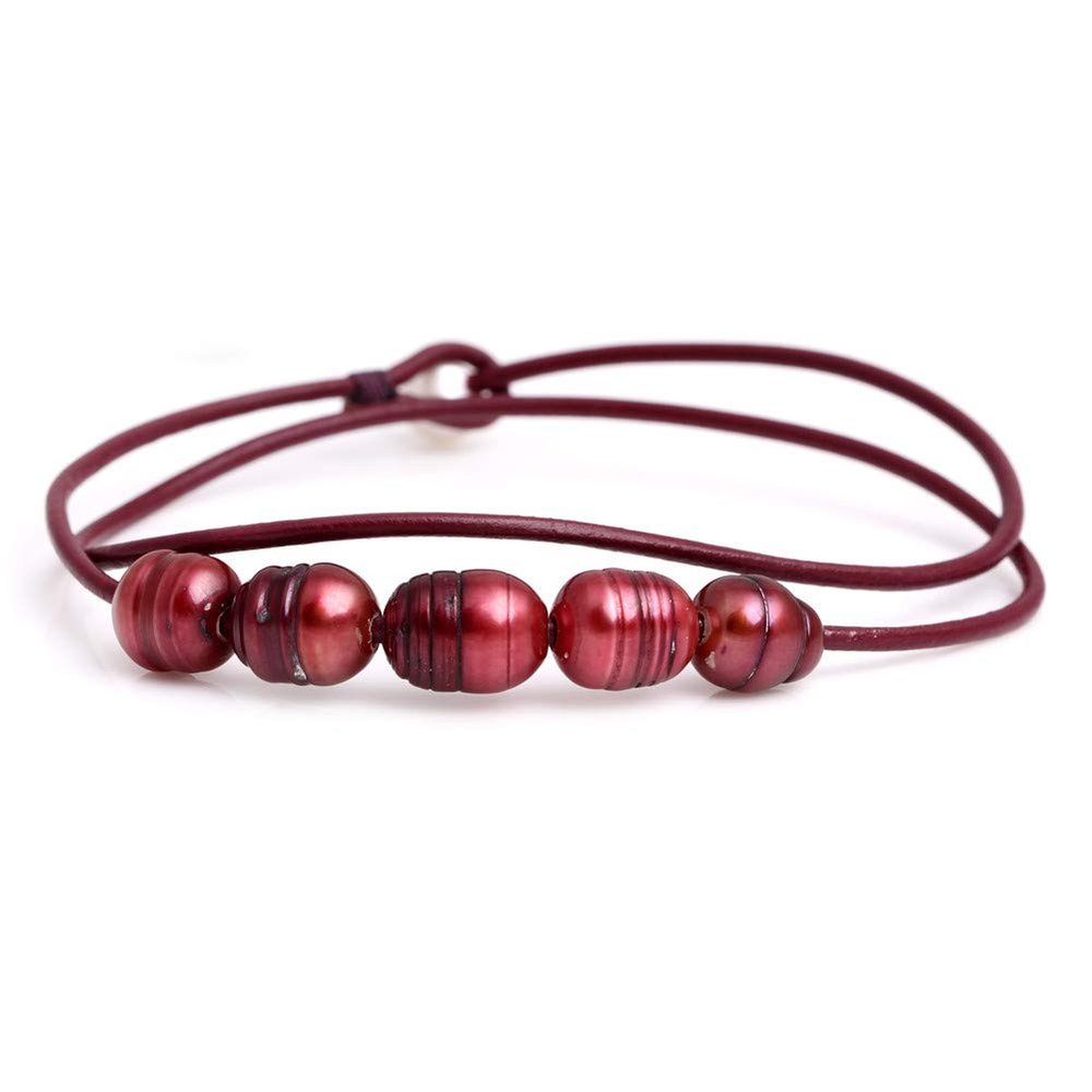 9-10mm Red 5 Cultured Freshwater Pearls Dyed Strand Red Necklace Adjustable Size 17.5Inches