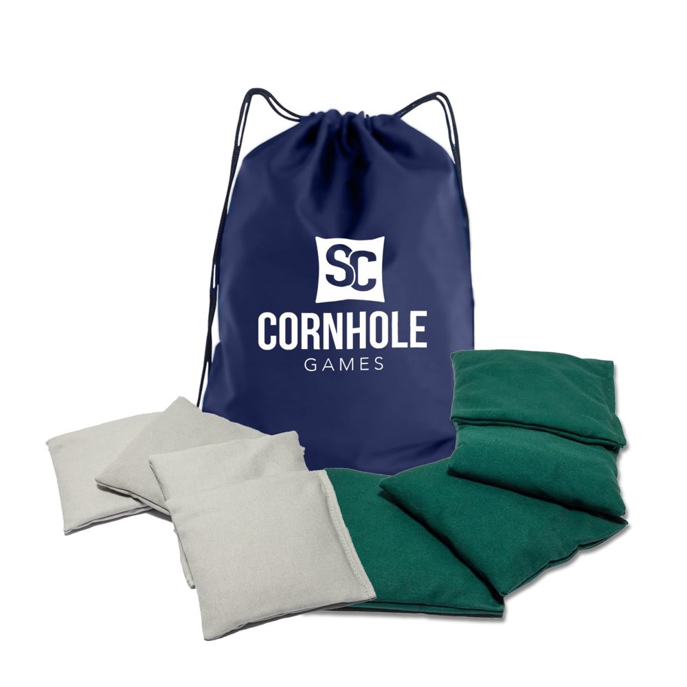 SC Cornhole Games Weather Resistant Cornhole Bags (Set of 8) - Professional Regulation Size- Use on Pro Corn Hole Boards or Bean Bag Toss Sets (Grey/Green)