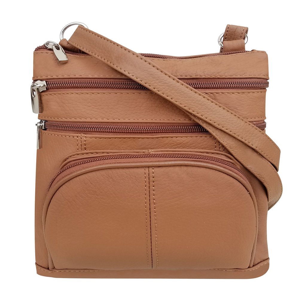 Roma Leathers Genuine Cross Body Purse Bag, Multi-Pocket (Light Brown)