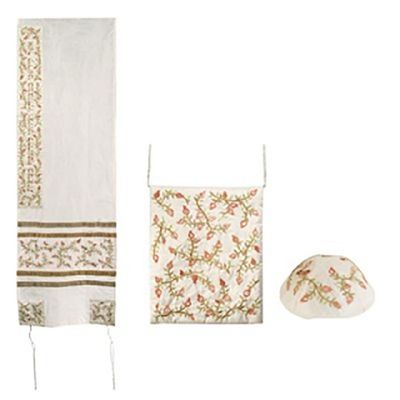 Raw Silk Tallit Set Embroidered Pomegranates in White with Tallisack