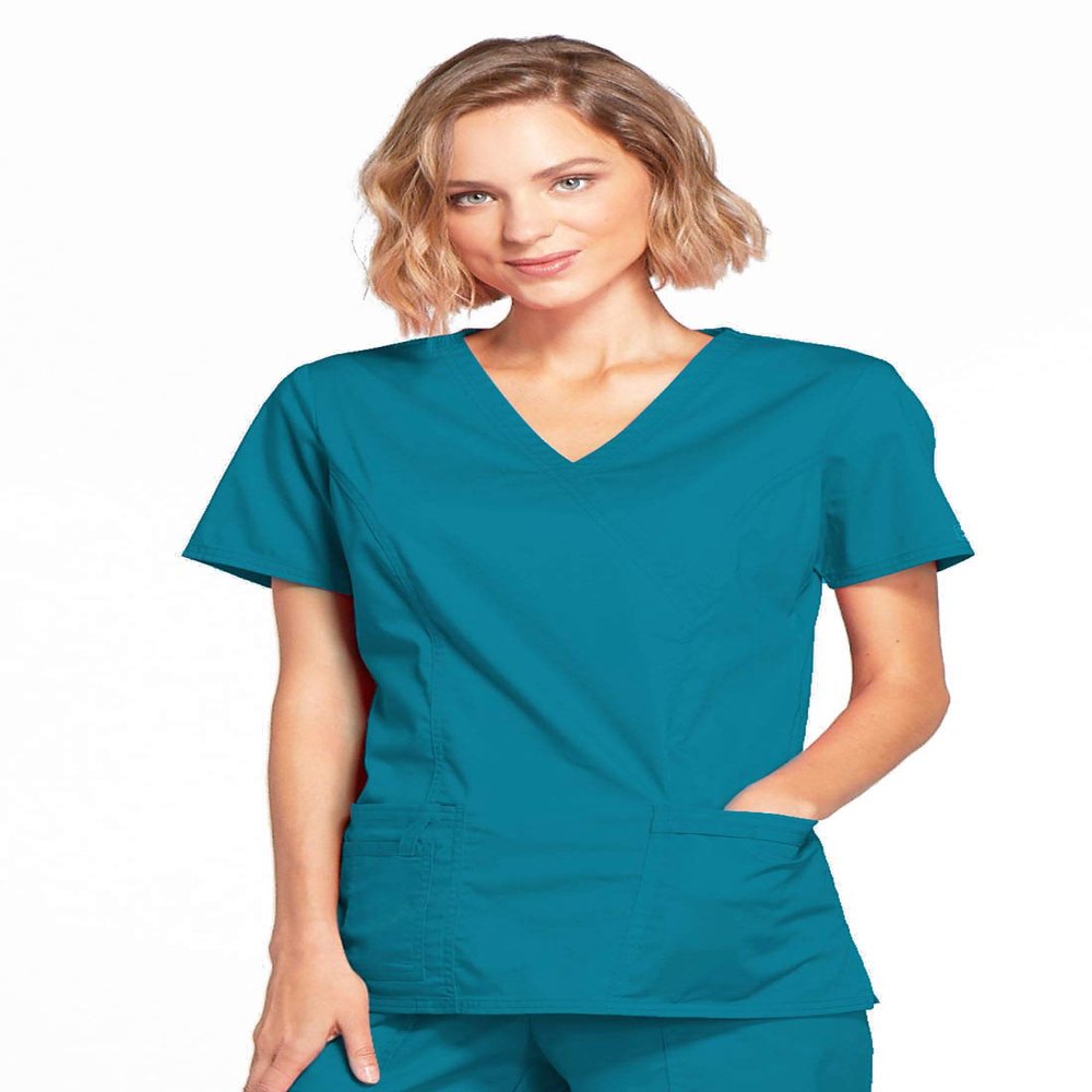 Cherokee Women's Workwear Scrubs Core Stretch Mock-Wrap Top (X-Large), Caribbean Blue