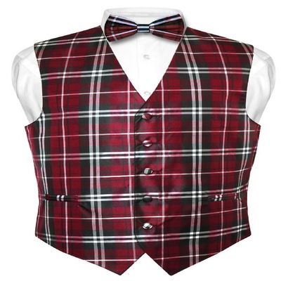 Vesuvio Napoli Men's Plaid Design Dress Vest & BOWTie Black Burgundy White BOW Tie Set Large