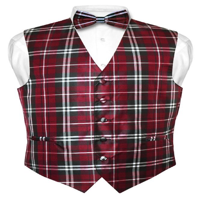 Vesuvio Napoli Men's Plaid Design Dress Vest & BOWTie Black Burgundy White BOW Tie Set Large