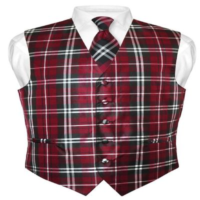 Vesuvio Napoli Men's Plaid Design Dress Vest & NeckTie Black Burgundy White Neck Tie Set L