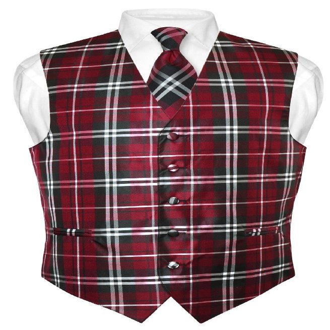 Vesuvio Napoli Men's Plaid Design Dress Vest & NeckTie Black Burgundy White Neck Tie Set L