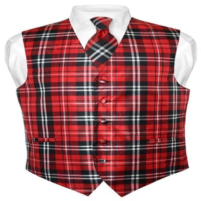 Vesuvio Napoli Men's Plaid Design Dress Vest & NeckTie Black Red White Neck Tie Set Med