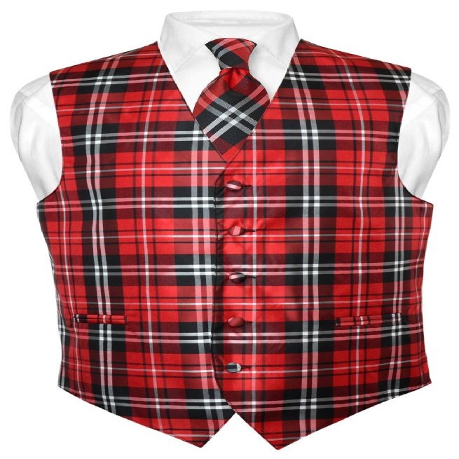 Vesuvio Napoli Men's Plaid Design Dress Vest & NeckTie Black Red White Neck Tie Set Med