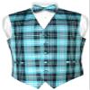 Vesuvio Napoli Men's Plaid Design Dress Vest & BOWTie Black Turquoise White BOW Tie Set XLarge view 1
