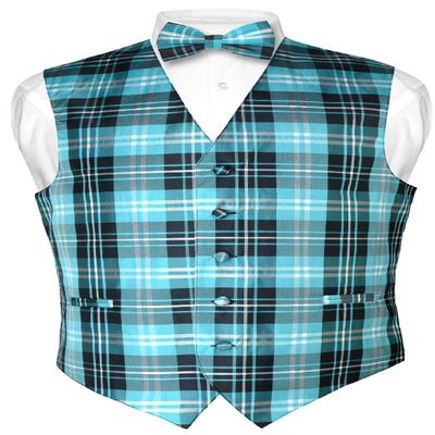 Vesuvio Napoli Men's Plaid Design Dress Vest & BOWTie Black Turquoise White BOW Tie Set sz 2XL