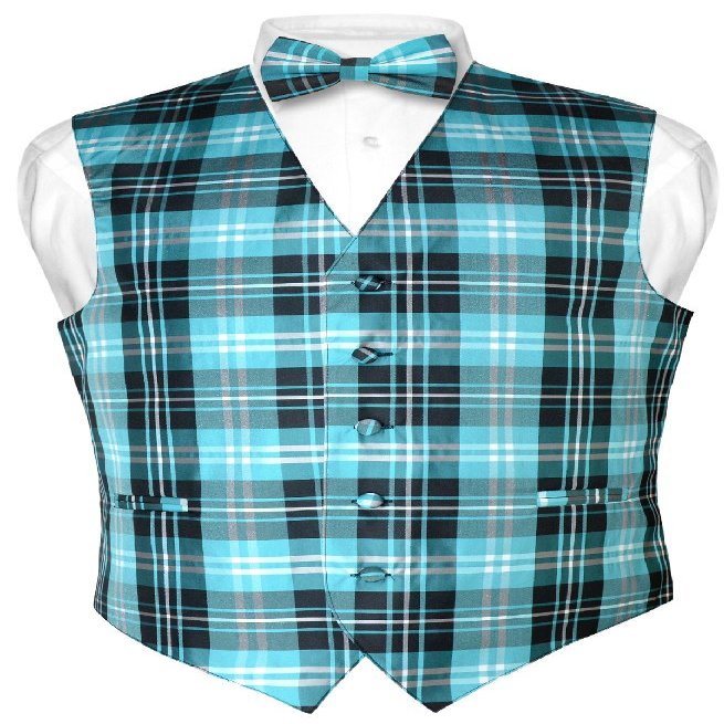 Vesuvio Napoli Men's Plaid Design Dress Vest & BOWTie Black Turquoise White BOW Tie Set sz 2XL