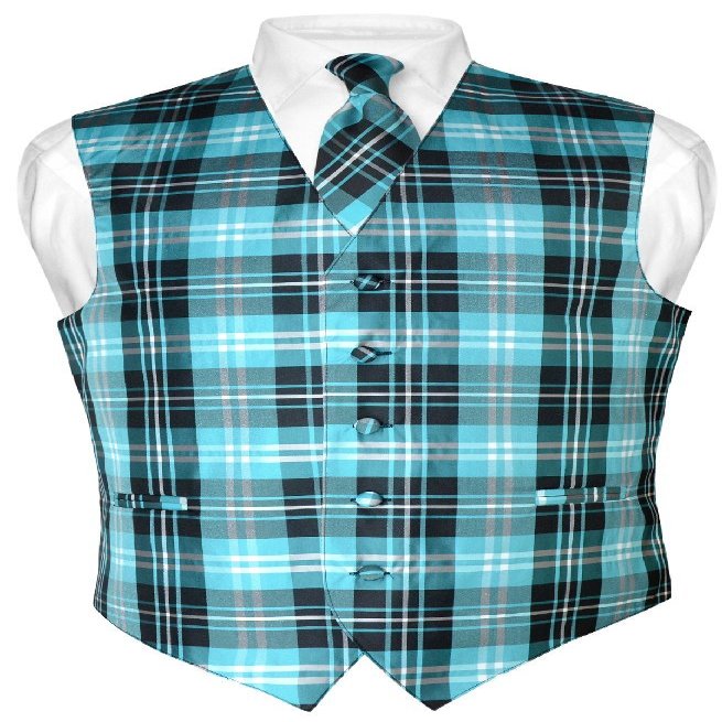Vesuvio Napoli Men's Plaid Design Dress Vest & NeckTie Black Turquoise White Neck Tie Set 3XL