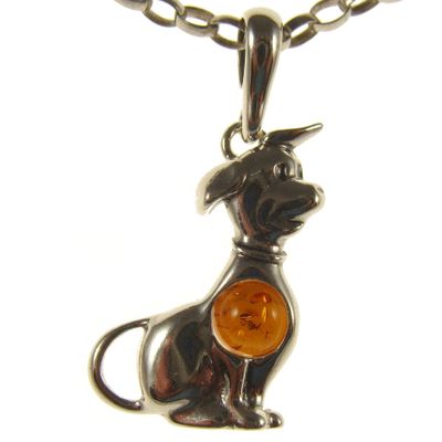 BALTIC AMBER AND STERLING SILVER 925 DESIGNER COGNAC DOG PENDANT JEWELLERY JEWELRY (NO CHAIN)