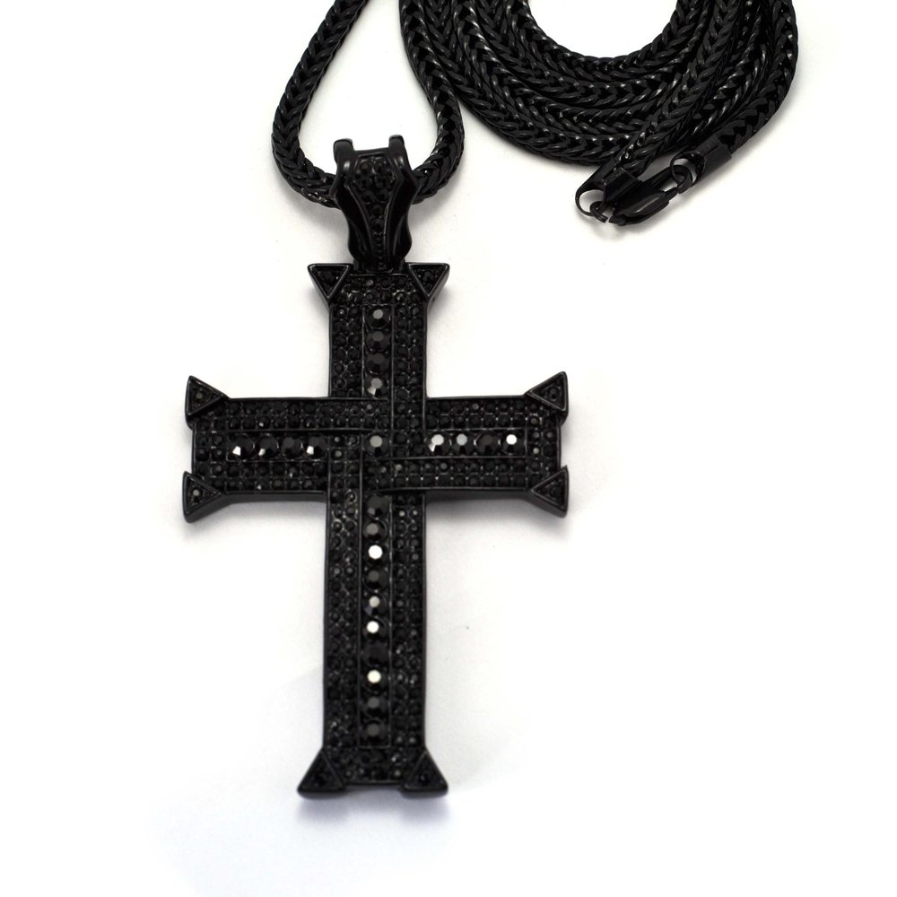 NYFASHION101 Iced Out Slim Cross Pendant with 4mm 36" Franco Chain Necklace, Jet Black