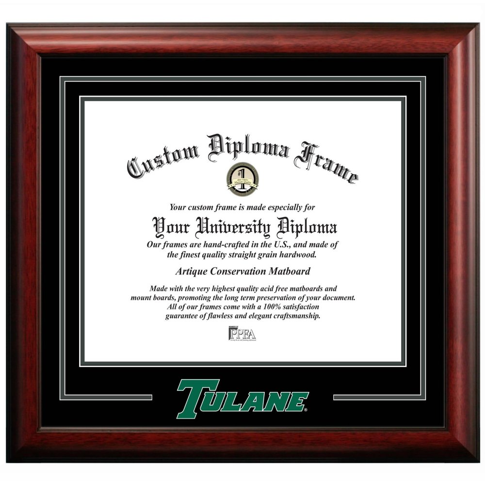 Campus Images Tulane University Diploma Frame 14 x 17 Satin Mahogany with Printed Tulane Green Wave Logo Black & Forest Green Mats Official Graduation Certificate Display