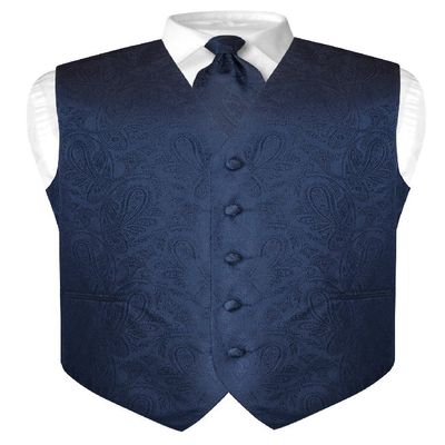 Vesuvio Napoli Men's Paisley Design Dress Vest & NeckTie NAVY BLUE Color Neck Tie Set sz 4XL