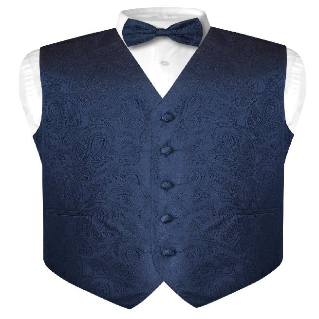 Vesuvio Napoli Men's Paisley Design Dress Vest & Bow Tie NAVY BLUE Color BOWTie Set sz 3XL