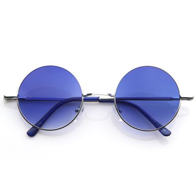 zeroUV Lennon Style Round Circle Metal Sunglasses w/Color Lens Tint (Silver Blue)