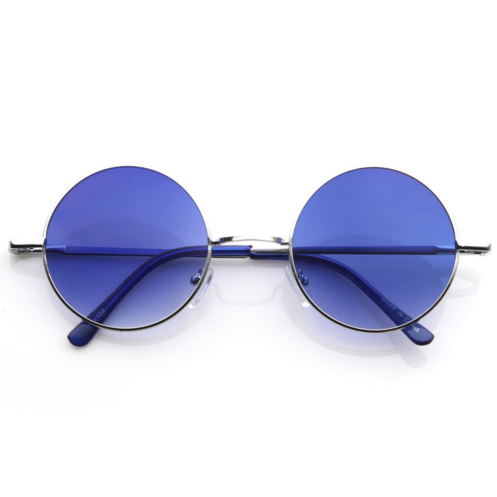 zeroUV Lennon Style Round Circle Metal Sunglasses w/Color Lens Tint (Silver Blue)