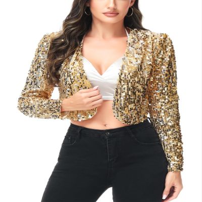 Anna-Kaci Womens Shiny Sequin Long Sleeve Glitter Cropped Blazer Bolero Shrug, Gold, Small