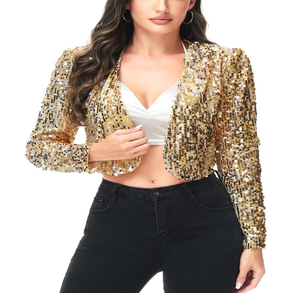 Anna-Kaci Womens Shiny Sequin Long Sleeve Glitter Cropped Blazer Bolero Shrug, Gold, Small