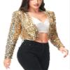 Anna-Kaci Womens Shiny Sequin Long Sleeve Glitter Cropped Blazer Bolero Shrug, Gold, Small view 2