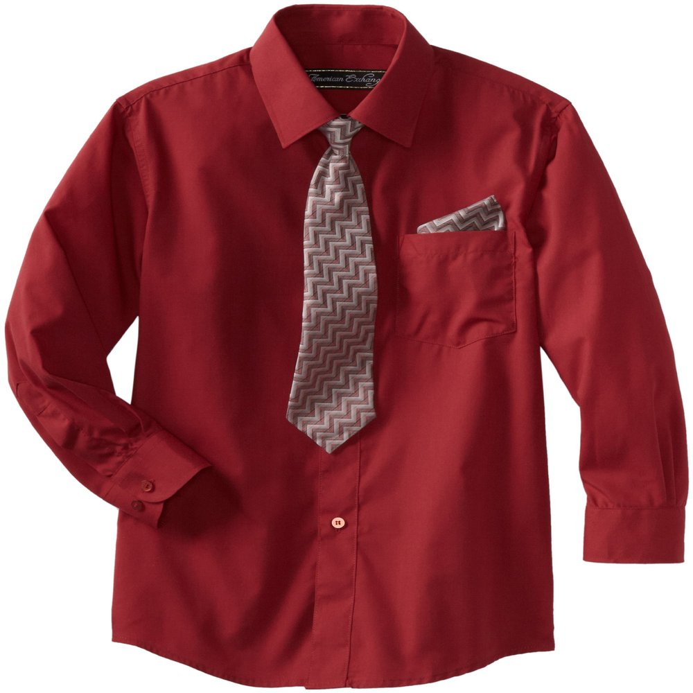 American Exchange Little Boys' Little Dress Shirt With Tie And Pocket Square, Burgundy, 1