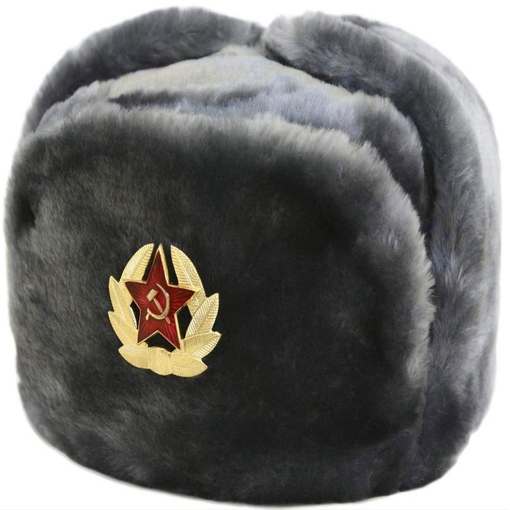 Russian Soviet Army Fur Military Cossack Ushanka Hat with Soviet Soldier Insignia