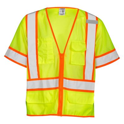 Kishigo Unisex High Visibility Reflective 6 Pocket Contrast Mesh Vest 1242, Zipper Closure, Polyester, ANSI 107 Type R / Class 3, Construction, Roadwork, Utility, Warehouse, Outdoor (Lime, 2X)