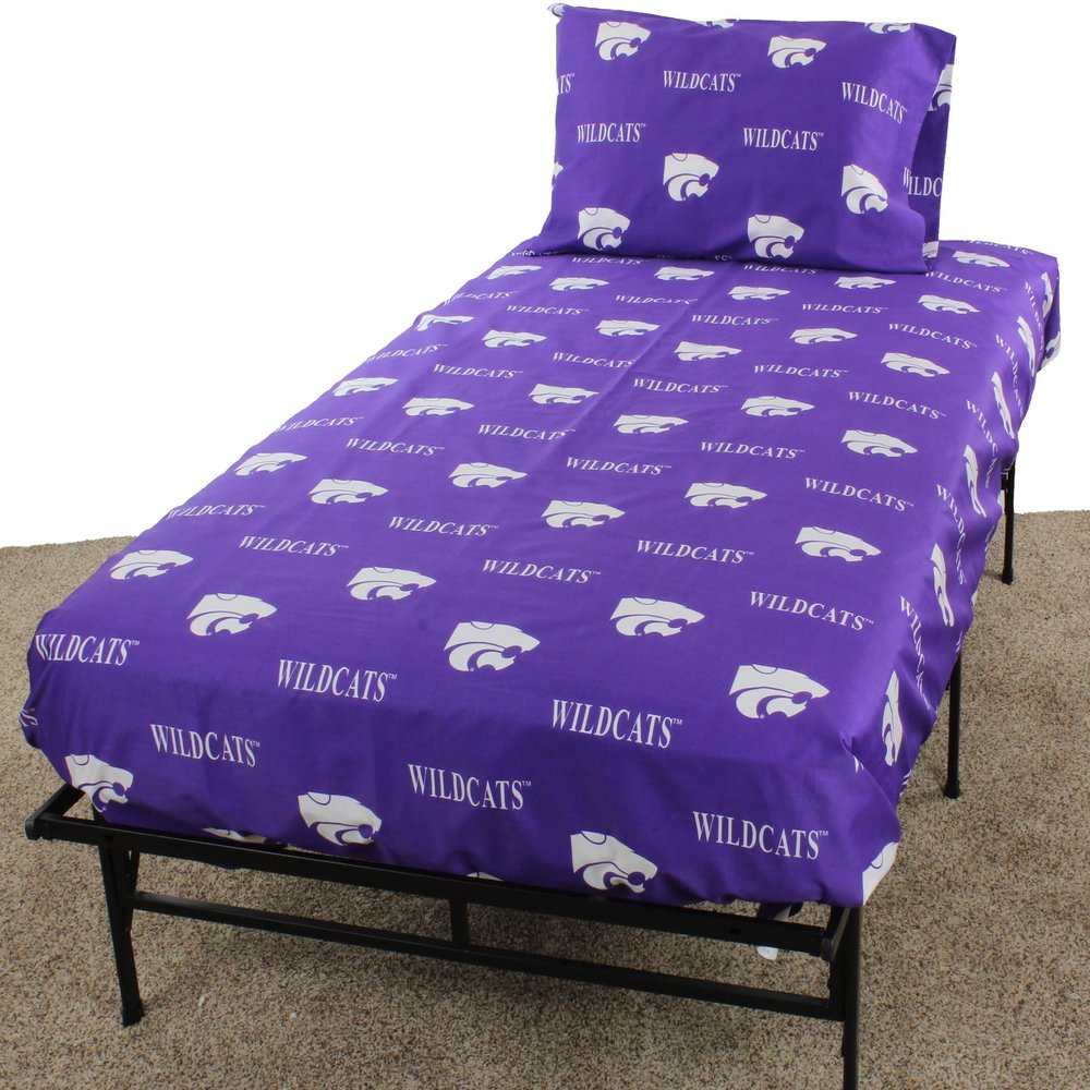 College Covers Everything Comfy Kansas State Wildcats Full Sized 4 Piece Sheet Set, Team Color Background, 1 Flat Sheet, 1 Fitted Sheet, 2 Pillowcases