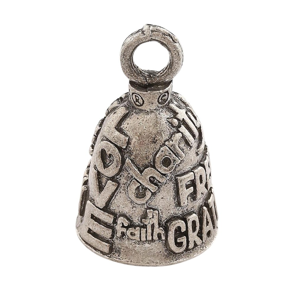 Guardian Bell Charity Love Freedom Gratitude Strength Faith Peace Good Luck Bell w/Keyring & Black Velvet Gift Bag | Motorcycle Bell | Lead-Free Pewter | Made in USA