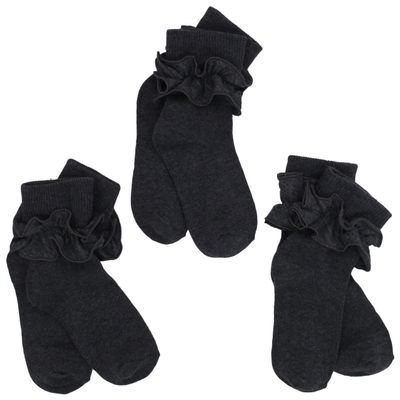 Jefferies Socks Little Girls' Misty Ruffle Turn Cuff Socks (Pack of 3), Charcoal, Toddler, 2143