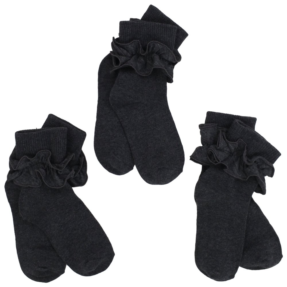 Jefferies Socks Little Girls' Misty Ruffle Turn Cuff Socks (Pack of 3), Charcoal, Toddler, 2143