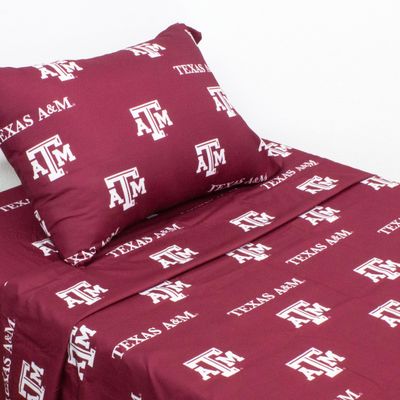 College Covers Everything Comfy Texas A&M Aggies Twin XL Sized 3 Piece Sheet Set, Team Color Background, 1 Flat Sheet, 1 Fitted Sheet, 1 Pillowcase