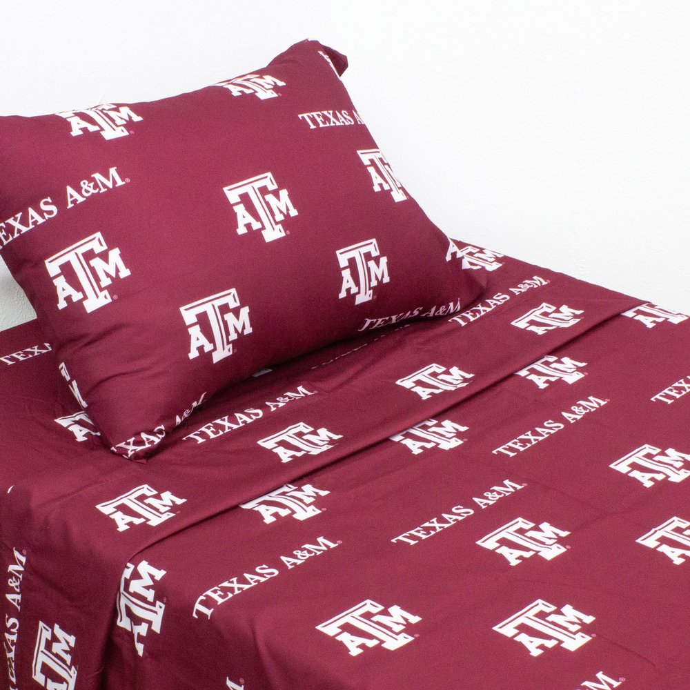 College Covers Everything Comfy Texas A&M Aggies Twin XL Sized 3 Piece Sheet Set, Team Color Background, 1 Flat Sheet, 1 Fitted Sheet, 1 Pillowcase