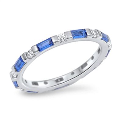 DoubleAccent Sterling Silver White & Simulated Blue Sapphire CZ Baguette Eternity Band 3MM (Size 5 to 10), 5
