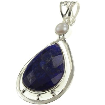925 Sterling Silver Created SAPPHIRE, Cultured PEARL Pendant, 1.88"