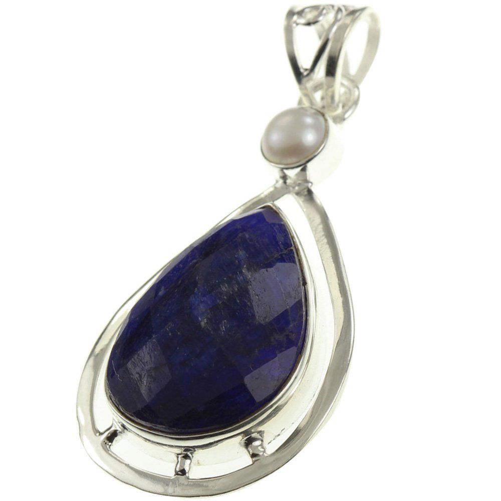 925 Sterling Silver Created SAPPHIRE, Cultured PEARL Pendant, 1.88"