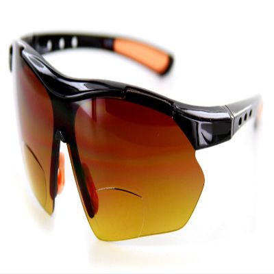 Daredevil Mens Fashion Bifocal Reader Sunglasses Wrap-Around Sports and Anti-Glare(Black + Orange w/Amber +3.00)