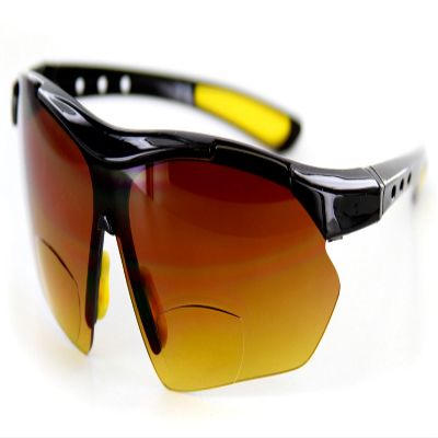 Daredevil Fashion Bifocal Sunglasses with Wrap-Around Sports Design and Anti-Glare Coating for Youthful and Active Men (Black + Yellow w/ Amber +2.00)