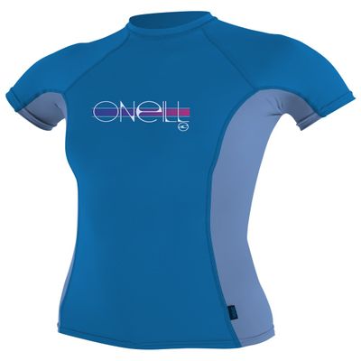 O'Neill UV Sun Protection Girls Skins Short Sleeve Crew Rashguard, Ruby Blue/Periwinkle/Ruby Blue, 4