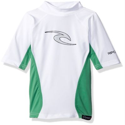 Rip Curl Youth Wave Short Sleeve Rash Guard Shirt, 8, White/Green