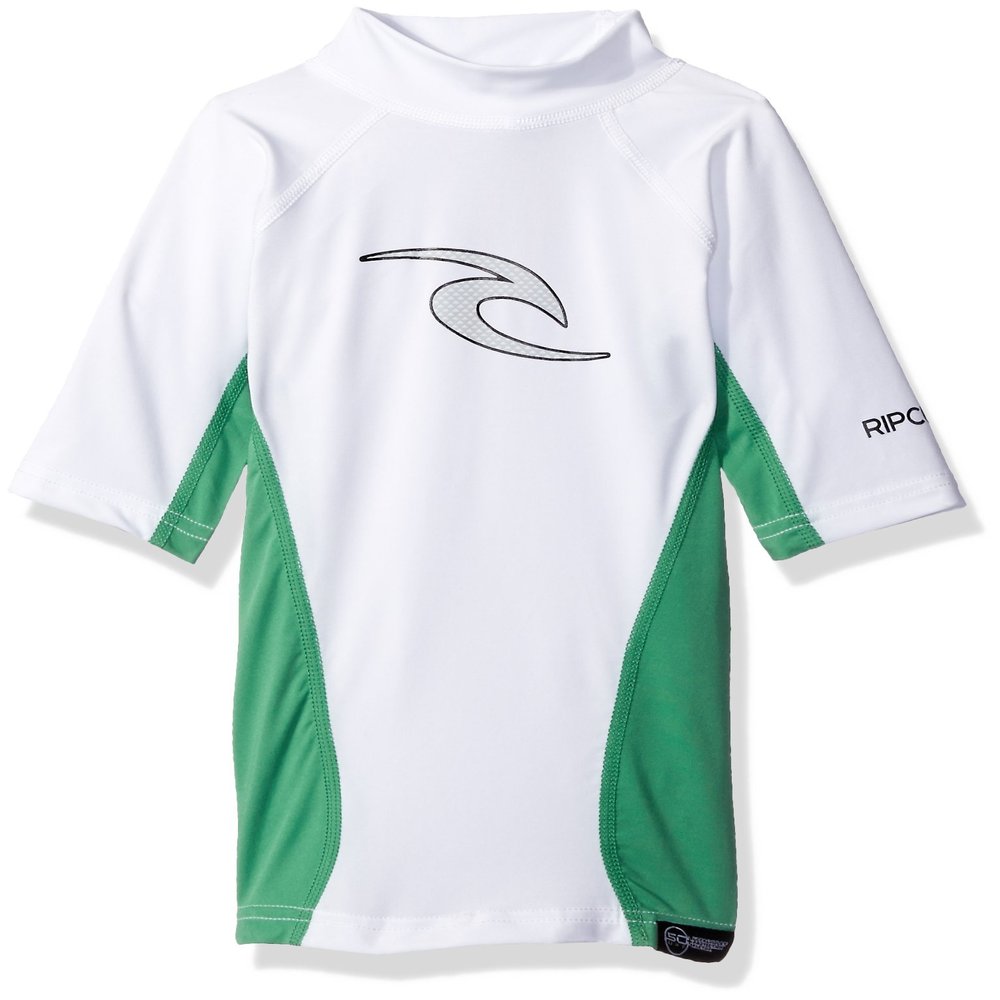 Rip Curl Youth Wave Short Sleeve Rash Guard Shirt, 8, White/Green
