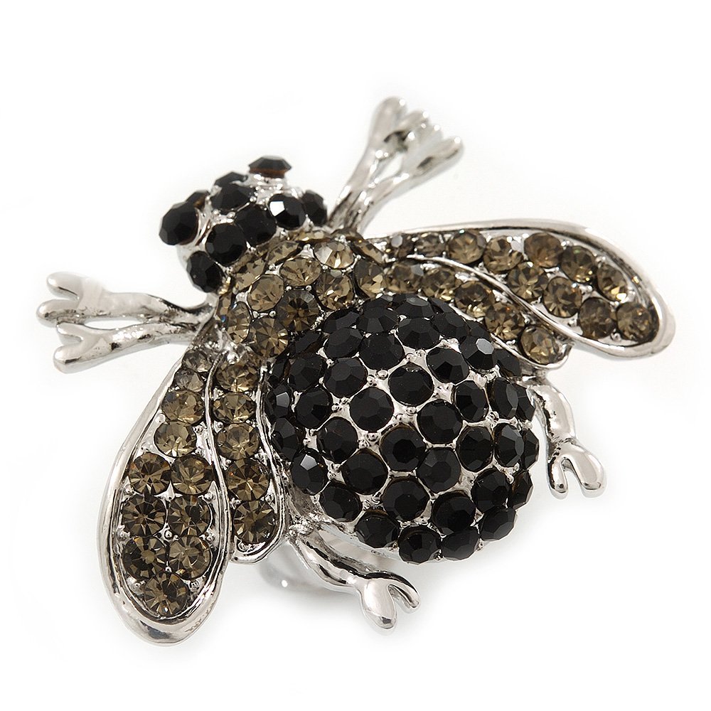 Rhodium Plated Diamante Bumble Bee Cocktail Ring - Adjustable Size 8/9 (Grey and Black)