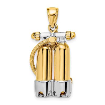 14k Two-Tone Gold Sports Charm Pendant, 3-D Double Scuba Tanks With Air Hose