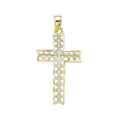 14k Two-tone Gold Religious Charm Pendant, Diamond-Cut Cross with White Center