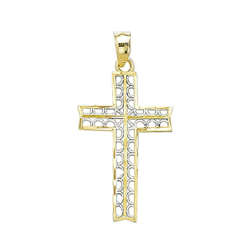 14k Two-tone Gold Religious Charm Pendant, Diamond-Cut Cross with White Center