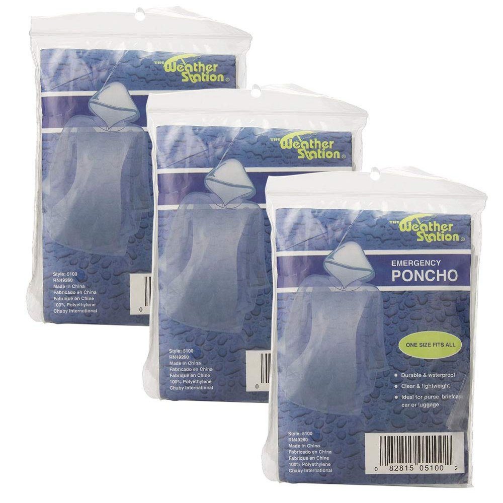 The Weather Station Waterproof Emergency Poncho With Hood, 3-pack