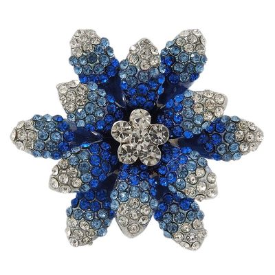 Avalaya Large Dimensional Clear/Blue Diamante Narcissus Cocktail Ring In Rhodium Plating - 40mm Diameter - Size 7/8 (Adjustable)