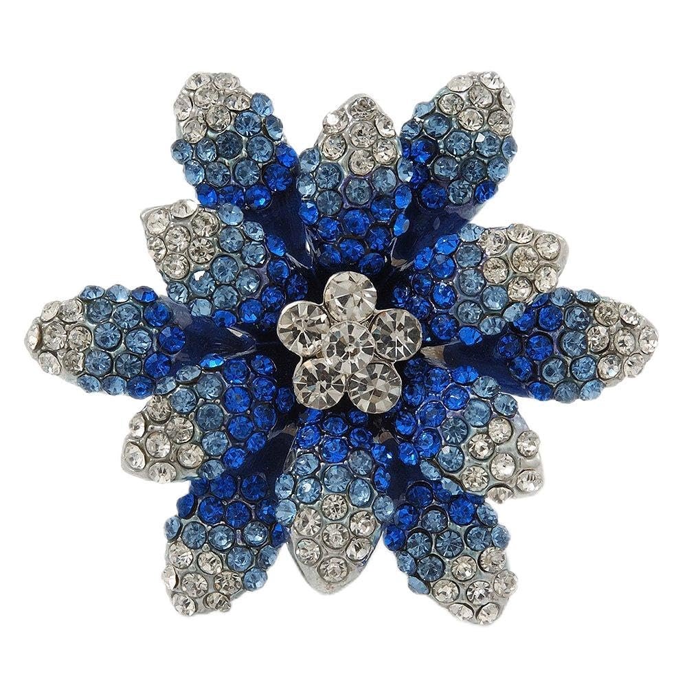 Avalaya Large Dimensional Clear/Blue Diamante Narcissus Cocktail Ring In Rhodium Plating - 40mm Diameter - Size 7/8 (Adjustable)