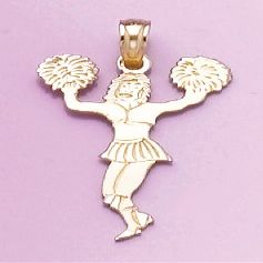 14k Yellow Gold Sports Charm Pendant, Cheerleader With Pom-poms
